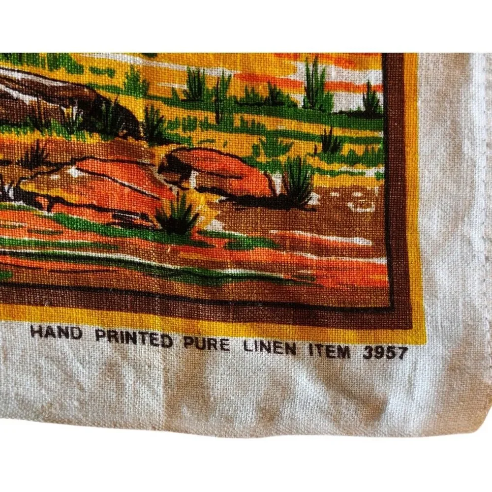 Vintage Hand Printed Linen Tea Towel Australia Kangaroo Pattern 31